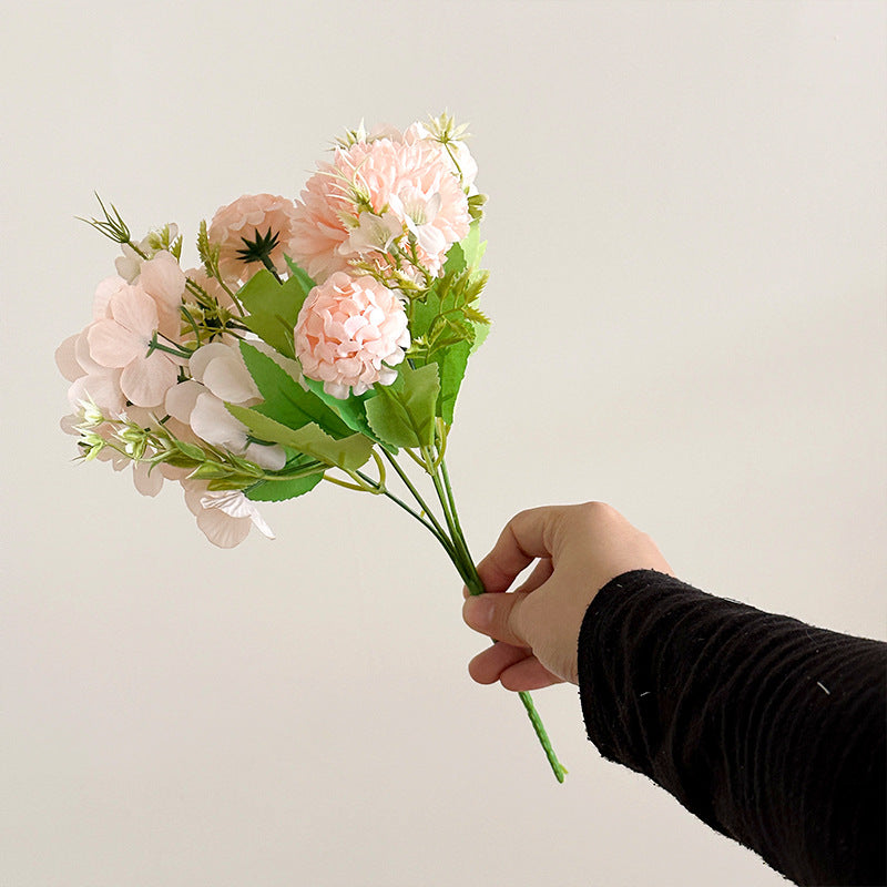 Elegant Korean Style 5-Prong Hydrangea Rose Bouquet - Perfect for Weddings, Home Decor, and Photography Props | Realistic Silk Flowers for Lasting Beauty