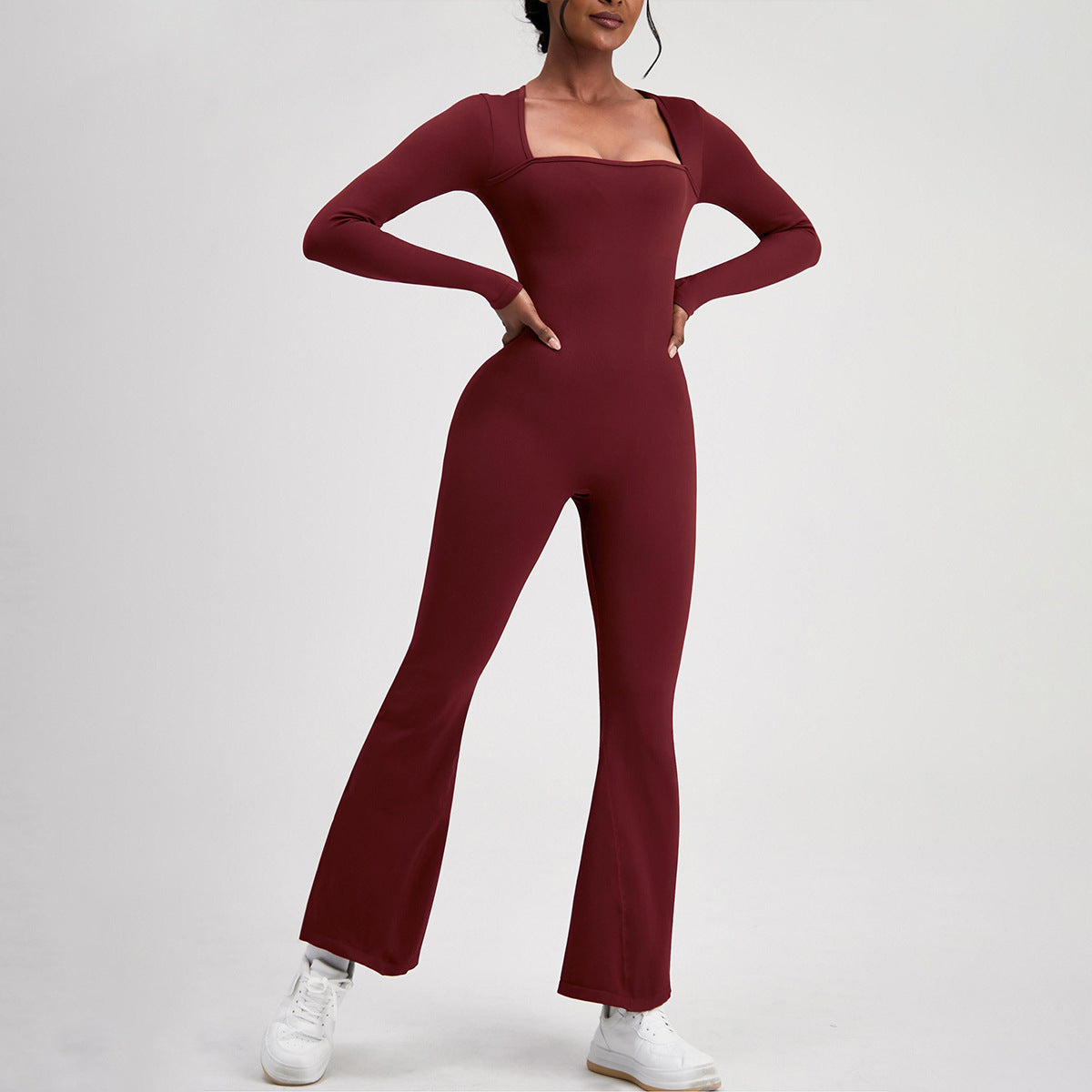 Seamless Long Sleeve Bodysuit with Square Neck Flattering Fit for Yoga Fitness and Activewear