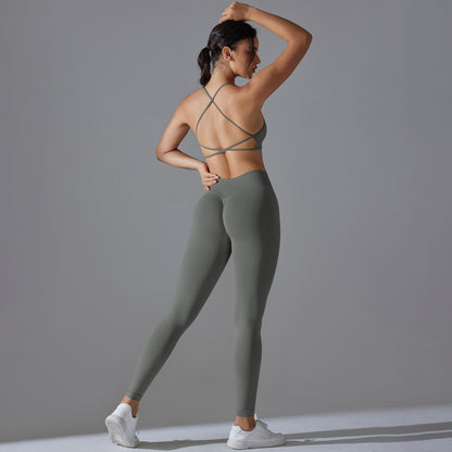 Seamless Cross Back Sport Bra and High Waisted Ruched Leggings Set for Yoga Fitness and Everyday Comfort