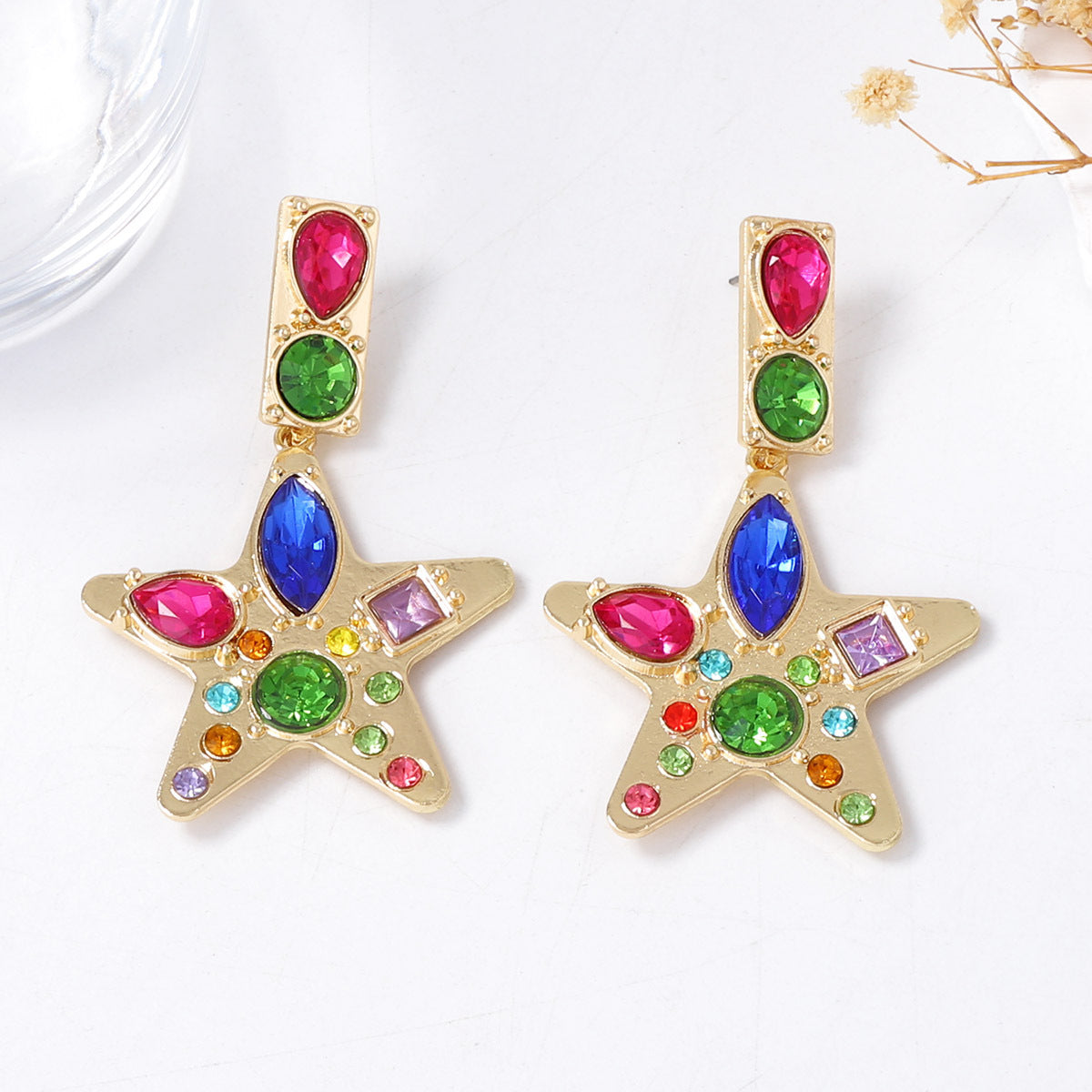 Chic & Exquisite Alloy Star Pendant Earrings with Colorful Gemstones – Bold Statement Jewelry for Modern Women