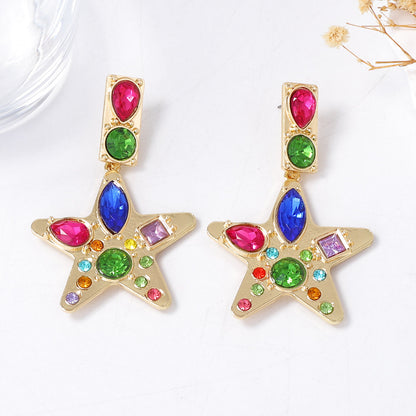Chic & Exquisite Alloy Star Pendant Earrings with Colorful Gemstones – Bold Statement Jewelry for Modern Women