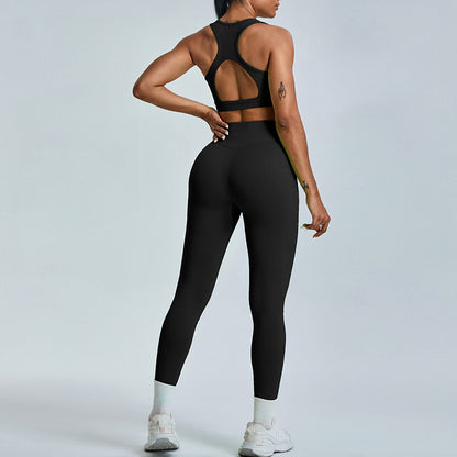 Seamless Women's Yoga Set with Hollow Back Design High Waisted Peach Lift Leggings and Sporty Athletic Top for Comfort and Flexibility