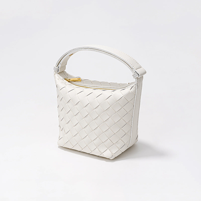 Chic Woven Lunch Box Bag Unique Silver Bucket Bag with Spacious Capacity Genuine Leather Tote for Women