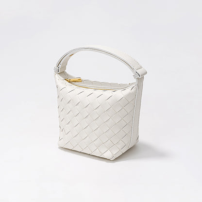 Chic Woven Lunch Box Bag Unique Silver Bucket Bag with Spacious Capacity Genuine Leather Tote for Women