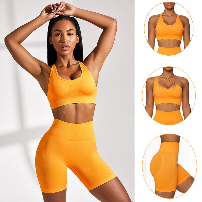 Seamless Knitted Women's Activewear Set High Waisted Sports Bra Short Sleeve Top and Shorts for Running Yoga and All Day Comfort