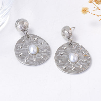 MG Spanish Vintage-Inspired Retro Wrinkled Zirconia-Studded Faux Pearl Geometric Irregular Round Earrings - Elegance Meets Unique Design
