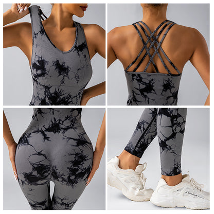 Tie Dye Jumpsuit with Cross Back Bras for Women Yoga Outdoor Sports Cycling and Fitness Outfit