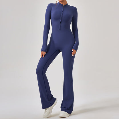 Zipper Long Sleeve Jumpsuit with Flared Pants Slim Fit Women's Butt Lifting Yoga and Workout Outfit for Enhanced Performance