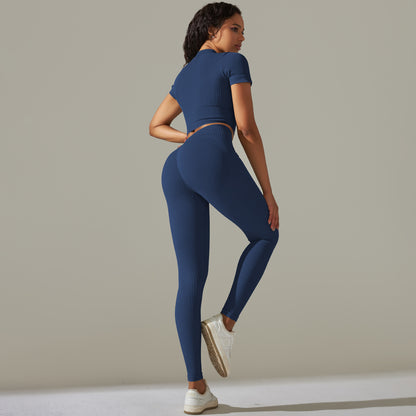 Seamless Ribbed Double Zipper Short Sleeve Workout Set with Peach Butt Lifting Leggings for Fitness and Yoga Performance