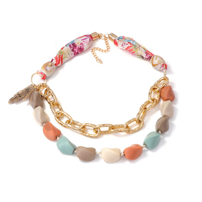 Unique Creative Geometric Multi-Color Beaded Pendant Necklace with Ribbon Design – Versatile Fashion Accessory for Any Occasion