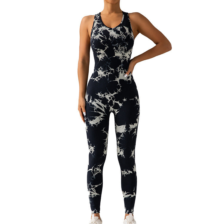 Tie Dye Jumpsuit with Cross Back Bras for Women Yoga Outdoor Sports Cycling and Fitness Outfit