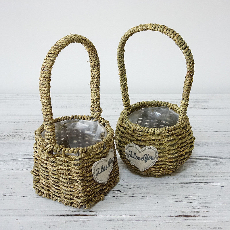 Handcrafted Rustic Woven Grass and Willow Flower Basket - Waterproof Succulent Decorative Basket for Artificial Floral Arrangements with Ergonomic Handle