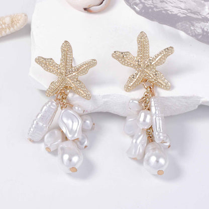 Stylish Alloy Starfish Pearl-Inspired Tassel Earrings - Versatile Ocean-Inspired Jewelry for Women, Perfect for Casual or Commute Outfits