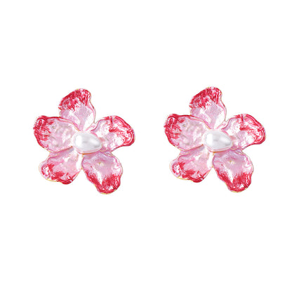 Elegant Minimalist Alloy Pearl-Inspired Contrast Flower Stud Earrings – Versatile Daily Commuter Accessories for Women
