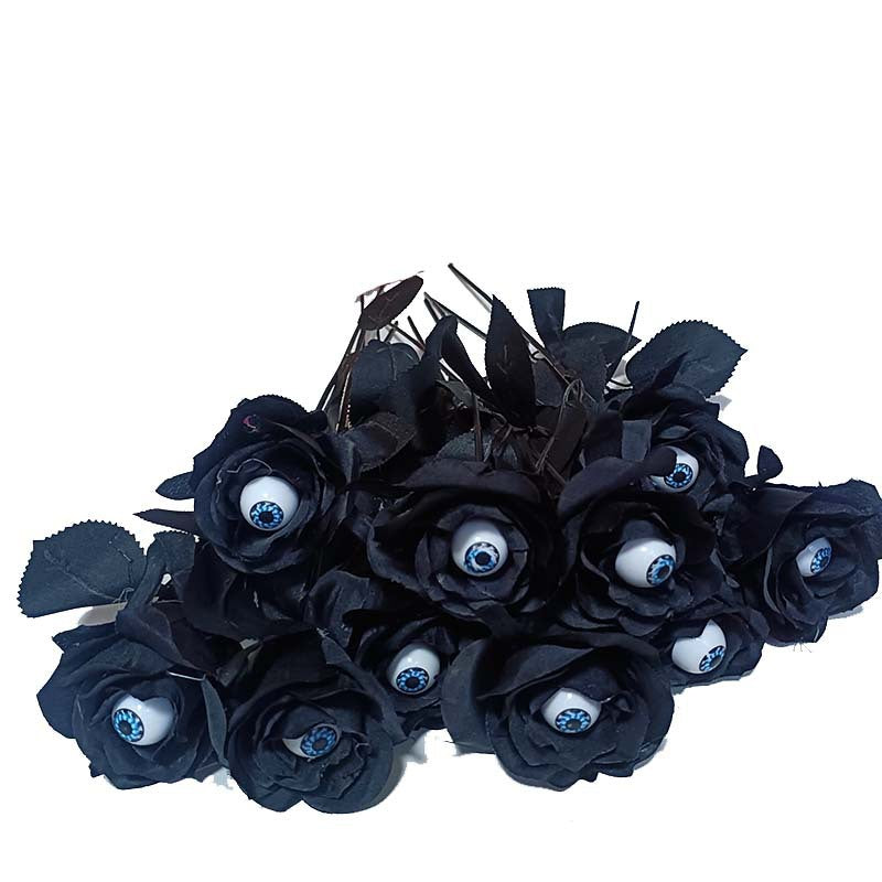 Realistic Black Artificial Rose with Creepy Eyeball Decoration - Perfect for Halloween Parties and Events