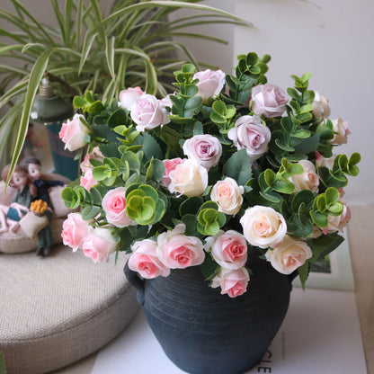 Beautiful Faux Eucalyptus Bouquet with 11 Realistic Mini Roses - Perfect for Weddings, Home Decor, and Event Centerpieces