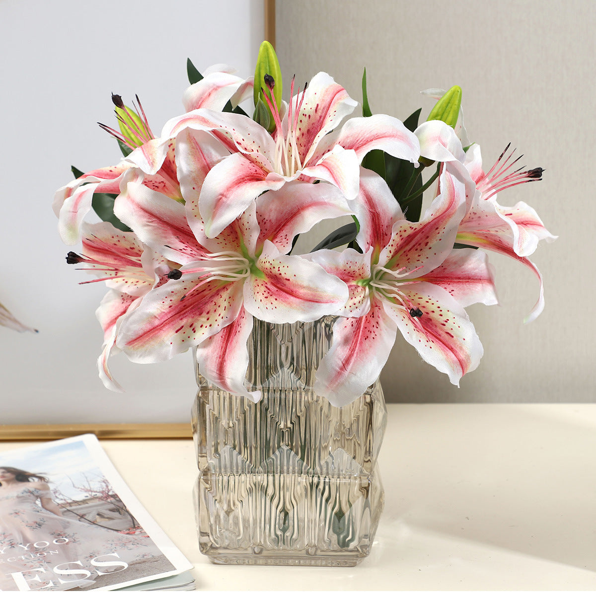 Stunning 3-Head Artificial Lily Flower Bouquet - Perfect Home Decor for Living Rooms, Dining Tables, and Outdoor Displays