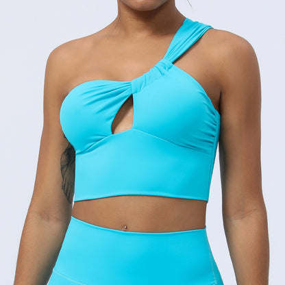 One Shoulder Ruched Cut Out Yoga Top with Removable Padding Irregular Sports Bra for Dance Training and Fitness Workouts for Women