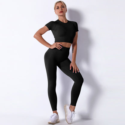 Seamless Knit Fitness Set Short Sleeve Top and Long Pants Yoga Apparel for Comfort and Performance