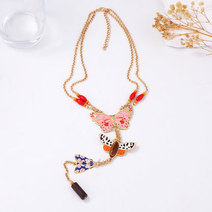 Bohemian Exaggerated Alloy Drip Oil Colorful Insect Butterfly Pendant Y-Shape Women's Chain Necklace – Unique Fashion Jewelry with Vibrant Colors and Artisan Design