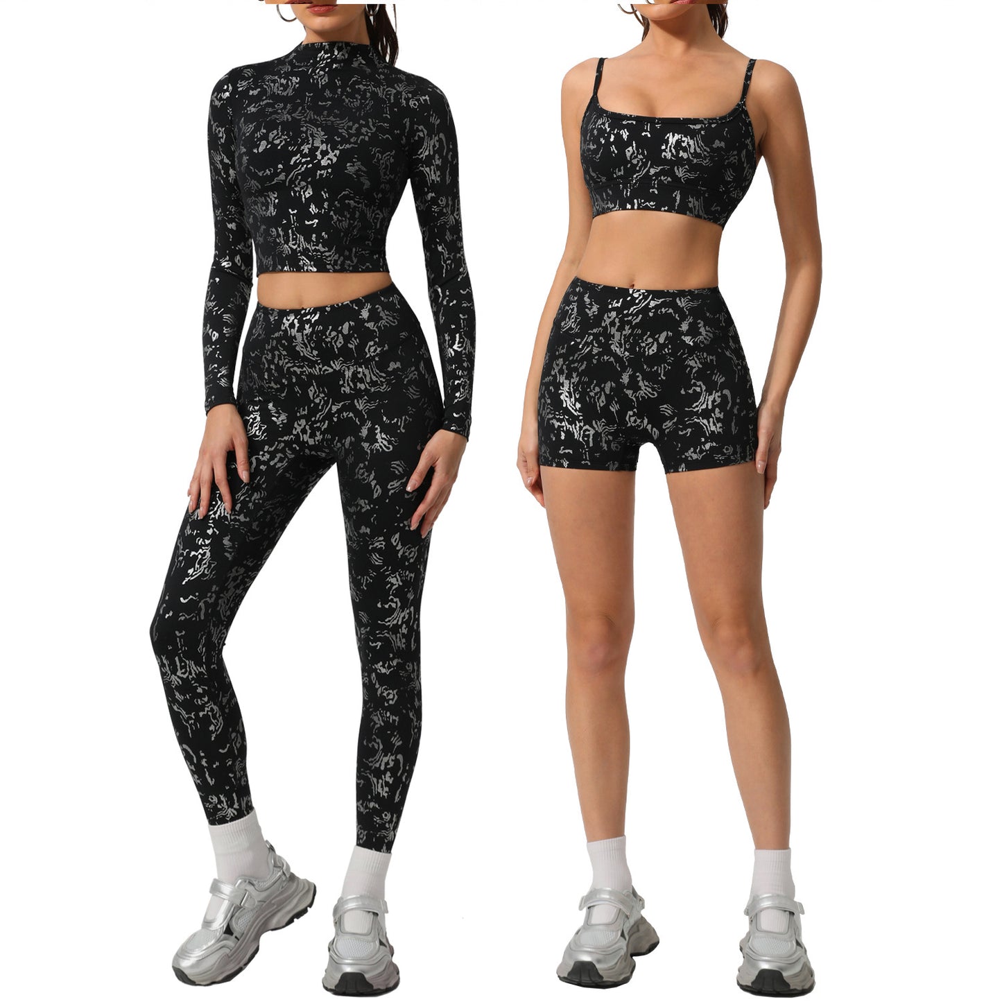 Elegant Silver Foil Yoga Outfit for Women Outdoor Training and Running Long Sleeve Fitness Set