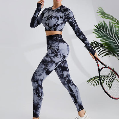 High Waisted Tie Dye Yoga Set for Women Long Sleeve Top Bum Lifting Yoga Pants for Workout Running and Fitness