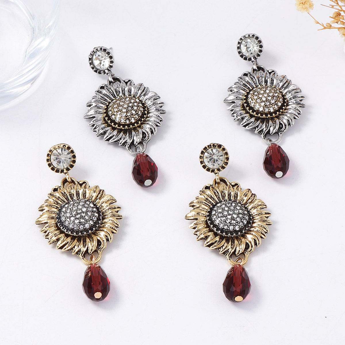 Elegant Vintage Bohemian Zircon Sunflower Drop Earrings - Exquisite, Versatile Design for Effortless Style