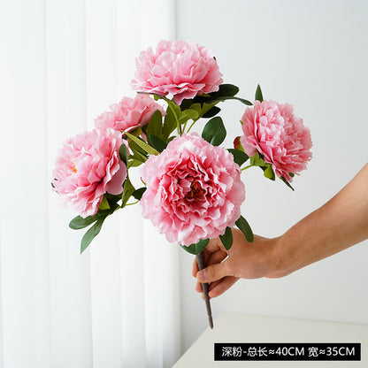 Realistic Faux Peony Bouquet - European Style 5-Head Silk Flower Arrangement for Wedding Decor and Home Decoration