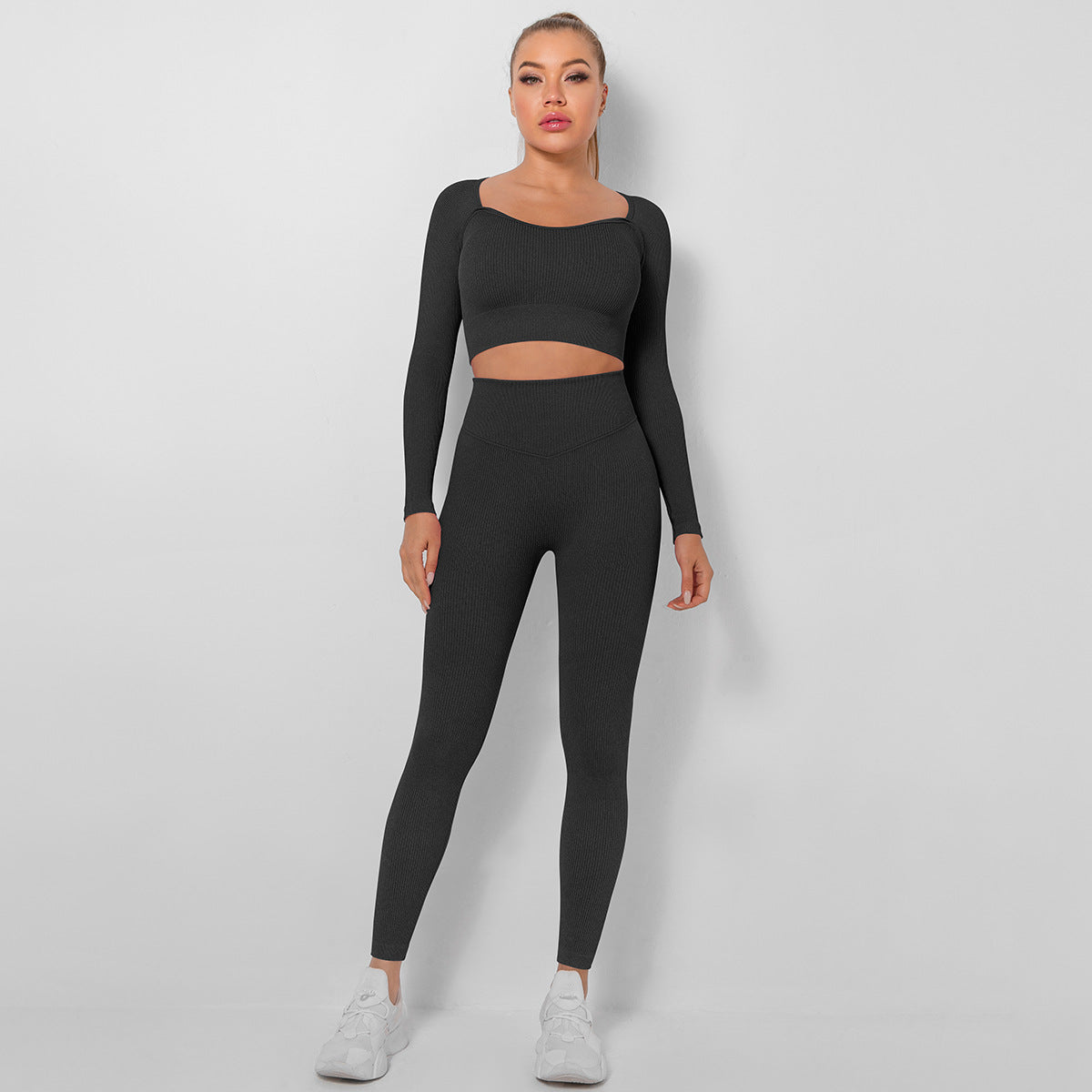 Seamless Yoga Outfit Set for Women Sweat Wicking High Waisted Leggings Long Sleeve Sport Top for Peachy and Comfort in Every Workout