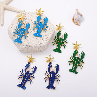 Stylish Coastal Beach Earrings with Unique Design – Long Mustache Painted Lobster & Starfish Dangle Earrings for Women