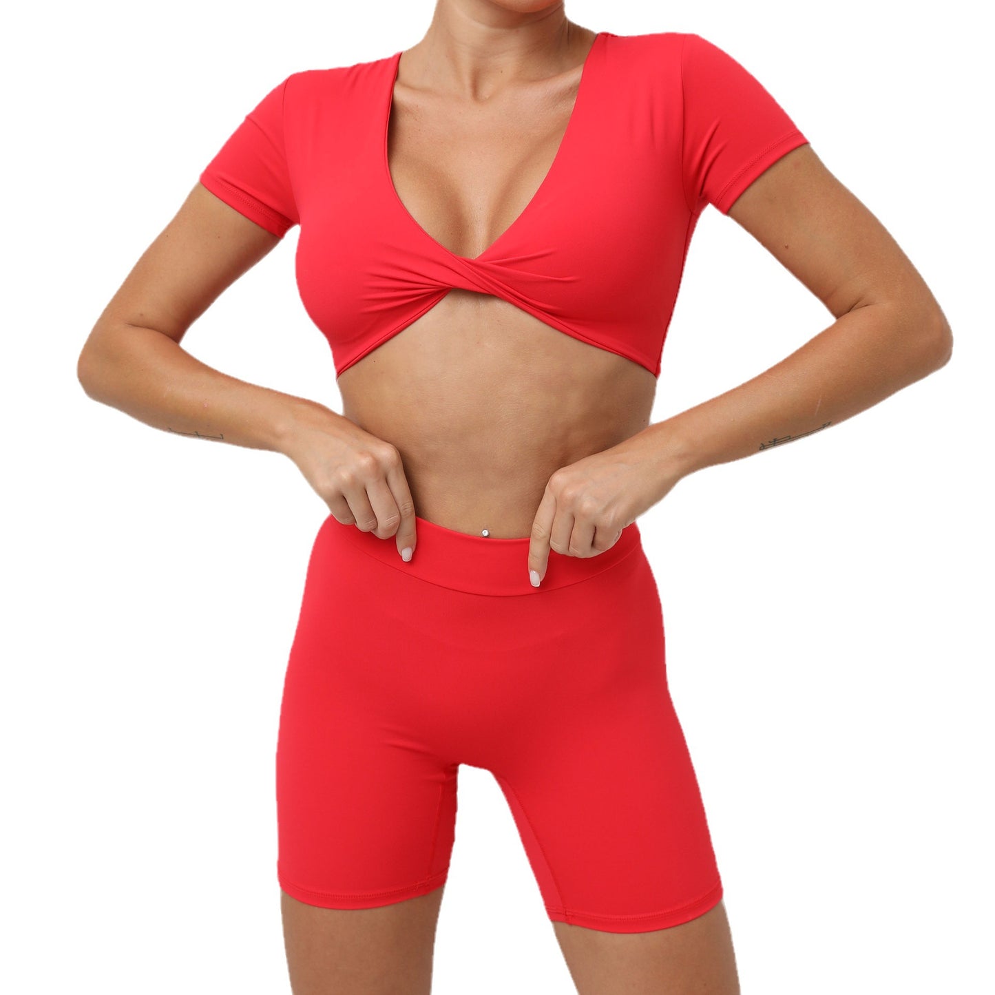 Women's Cross Front V Neck Short Sleeve Yoga Set for Fitness Running and Workout Flattering Fit and Moisture Wicking Fabric