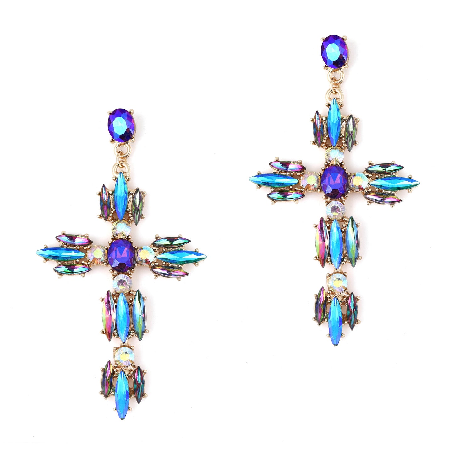Trendy Creative Statement Geometric Cross Alloy Earrings with Sparkling Gemstones – Versatile Fashion Accessory for Any Occasion
