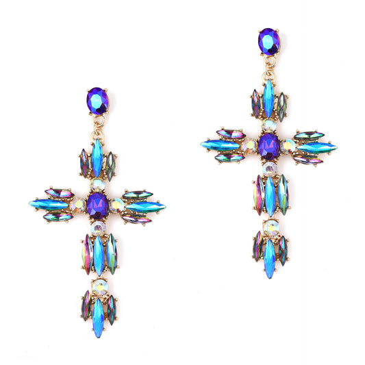 Trendy Creative Statement Geometric Cross Alloy Earrings with Sparkling Gemstones – Versatile Fashion Accessory for Any Occasion
