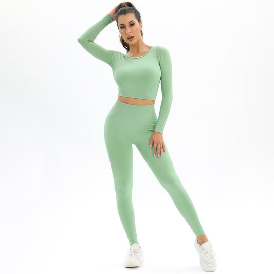 Peach Seamless Knitted Backless High Stretch Long Sleeve Yoga Set Women's 2 Piece Activewear for Running Fitness and Workout Comfort