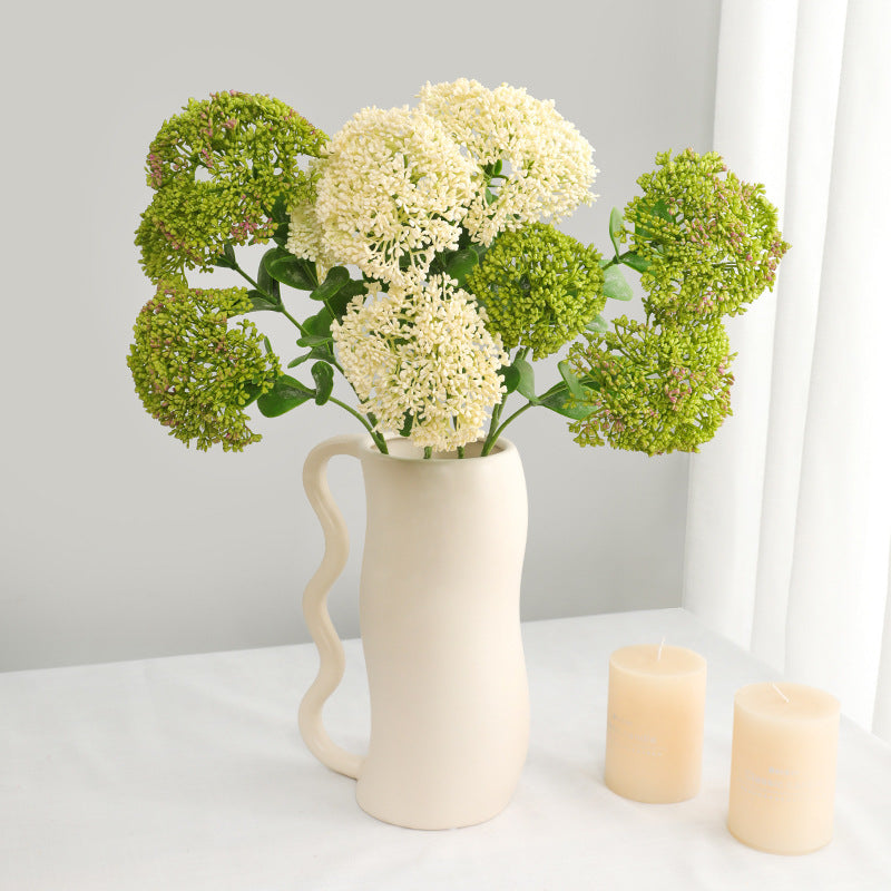 Elegant Faux Floral Arrangement with Realistic Touch - Decorative Artificial Hydrangea Balls & 3-Headed Eight Treasure Fruits for Living Room Home Decor