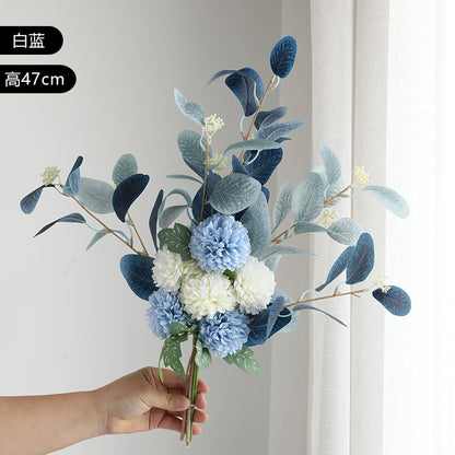 Realistic Nordic Home Decor Faux Flowers – Eucalyptus Leaf Ball Daisies Artificial Handheld Bouquet - Perfect for Weddings, Parties, and Everyday Decor