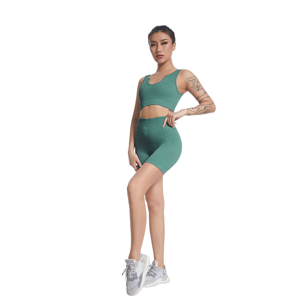 Seamless V Neck Ribbed Yoga Outfit Set for Women Striped Sports Bra and High Waisted Compression Shorts for Comfort and Flexibility