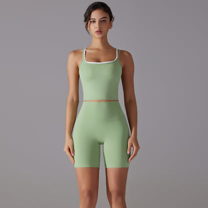 Cross Back Yoga Gym Two Piece Set for Women High Waisted Antibacterial Shorts and Tank Top for Comfort and Performance