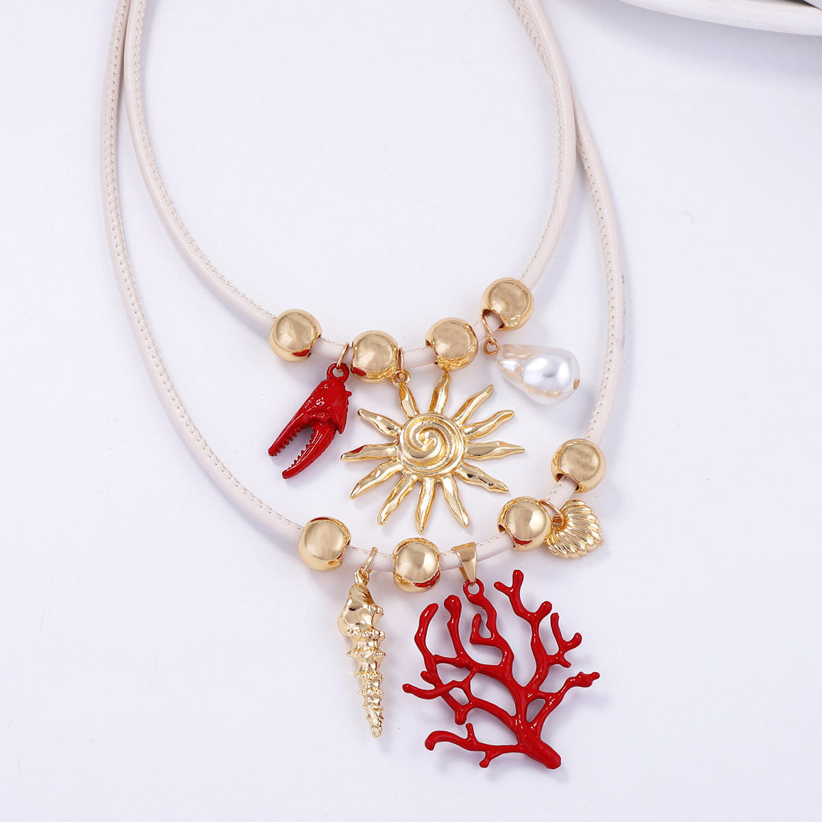 Stylish High-End Alloy Coral Sun Necklace with Imitation Pearls – Double Layered, Wearable with Leather Cord – Perfect Jewelry for Women