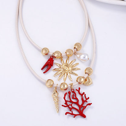 Stylish High-End Alloy Coral Sun Necklace with Imitation Pearls – Double Layered, Wearable with Leather Cord – Perfect Jewelry for Women