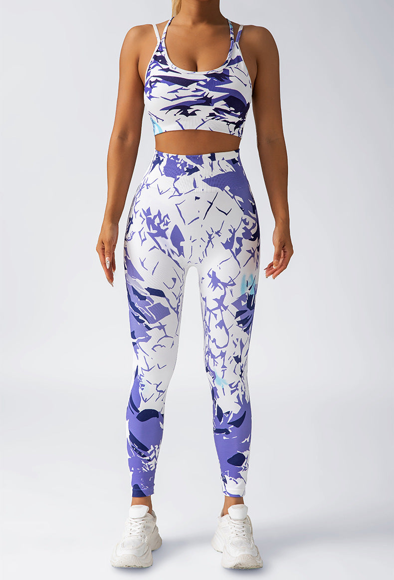 Printed Yoga Set for Women Quick Dry Compression Leggings with Butt Lift Shock Absorbing Sports Bra and Comfortable Fitness Tank Top