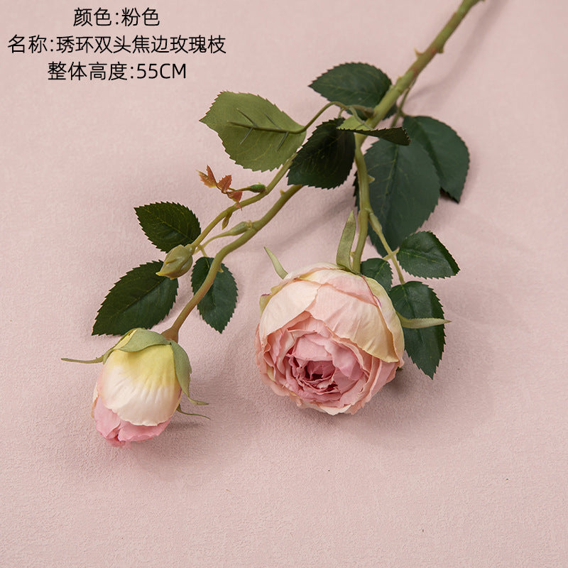 Stunning Double-Headed Focused Edge Rose Branch - Realistic Faux Flowers for Home Décor and Wedding Celebrations - Perfect for INS Trendy Aesthetic - MW52001