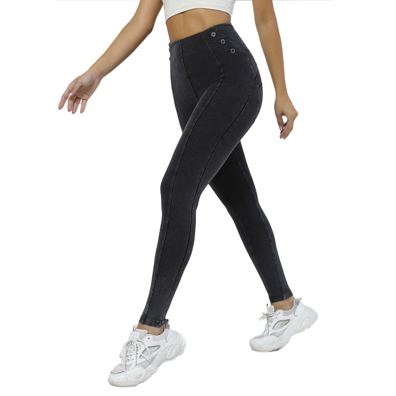 High Waisted Peach Butt Lifting Yoga Pants with Side Buttons Jean Look Workout Leggings for Women for Gym Pilates and Everyday Comfort