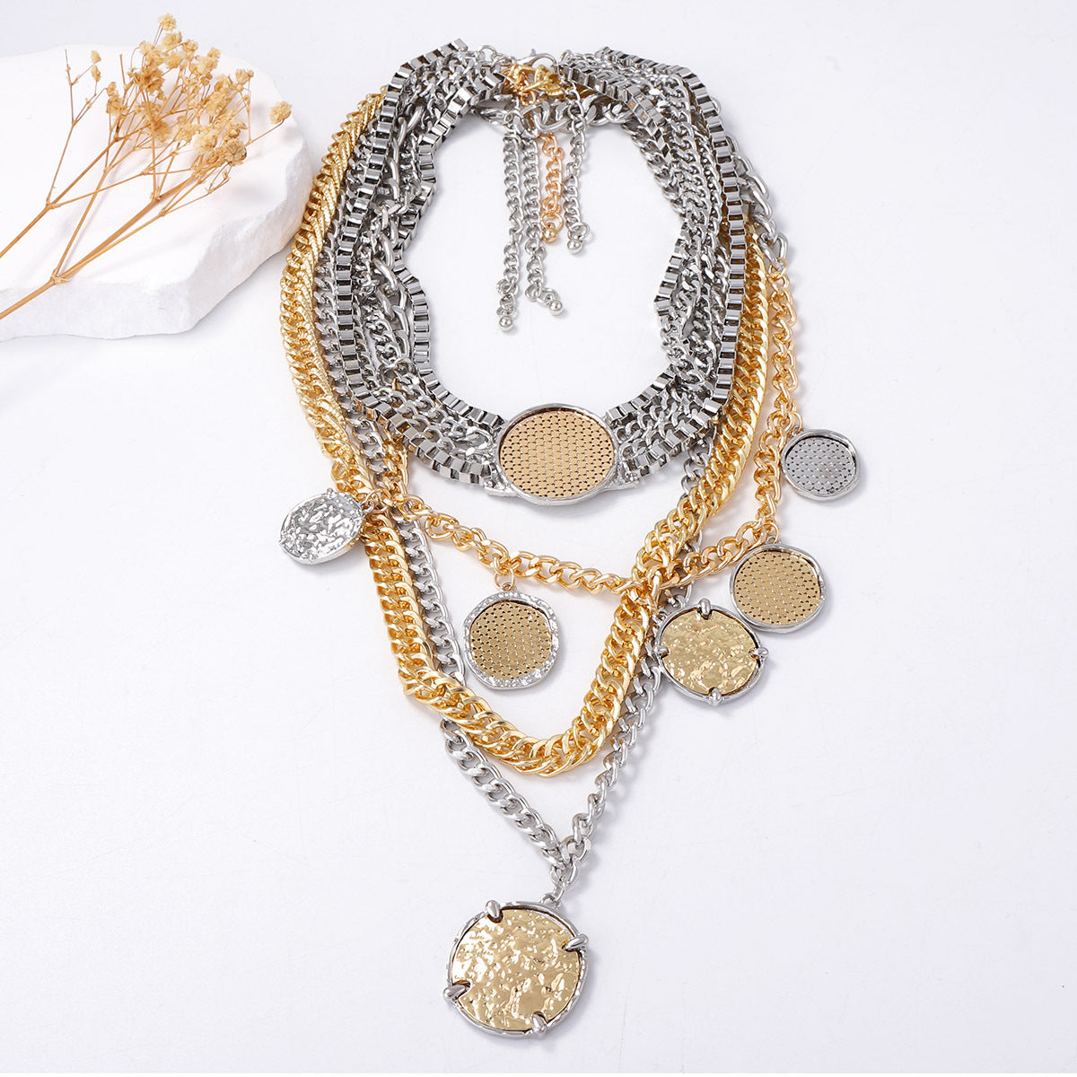 Trendy Geometric Badge Pendant Layered Chain Necklace Set for Women - Hip-Hop Punk Style Jewelry with Unique Personalization