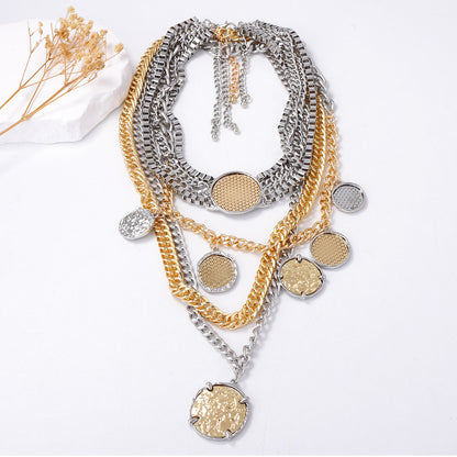 Trendy Geometric Badge Pendant Layered Chain Necklace Set for Women - Hip-Hop Punk Style Jewelry with Unique Personalization