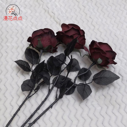 Realistic Dark Wine Red Rose Black Artificial Silk Flowers for Halloween Parties - Stunning Photography Decoration Props for Gothic-Themed Events