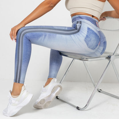 Digital Print High Elastic Quick Dry Yoga Leggings for Women Denim Blue Compression Pants for Running Fitness and Activewear