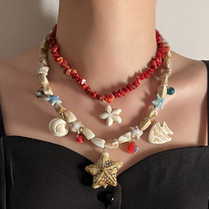 Stylish Layered Double-Strand Seashell and Starfish Design Necklace with Turquoise Ceramic Accents - Perfect for Ocean Getaways and Casual Wear