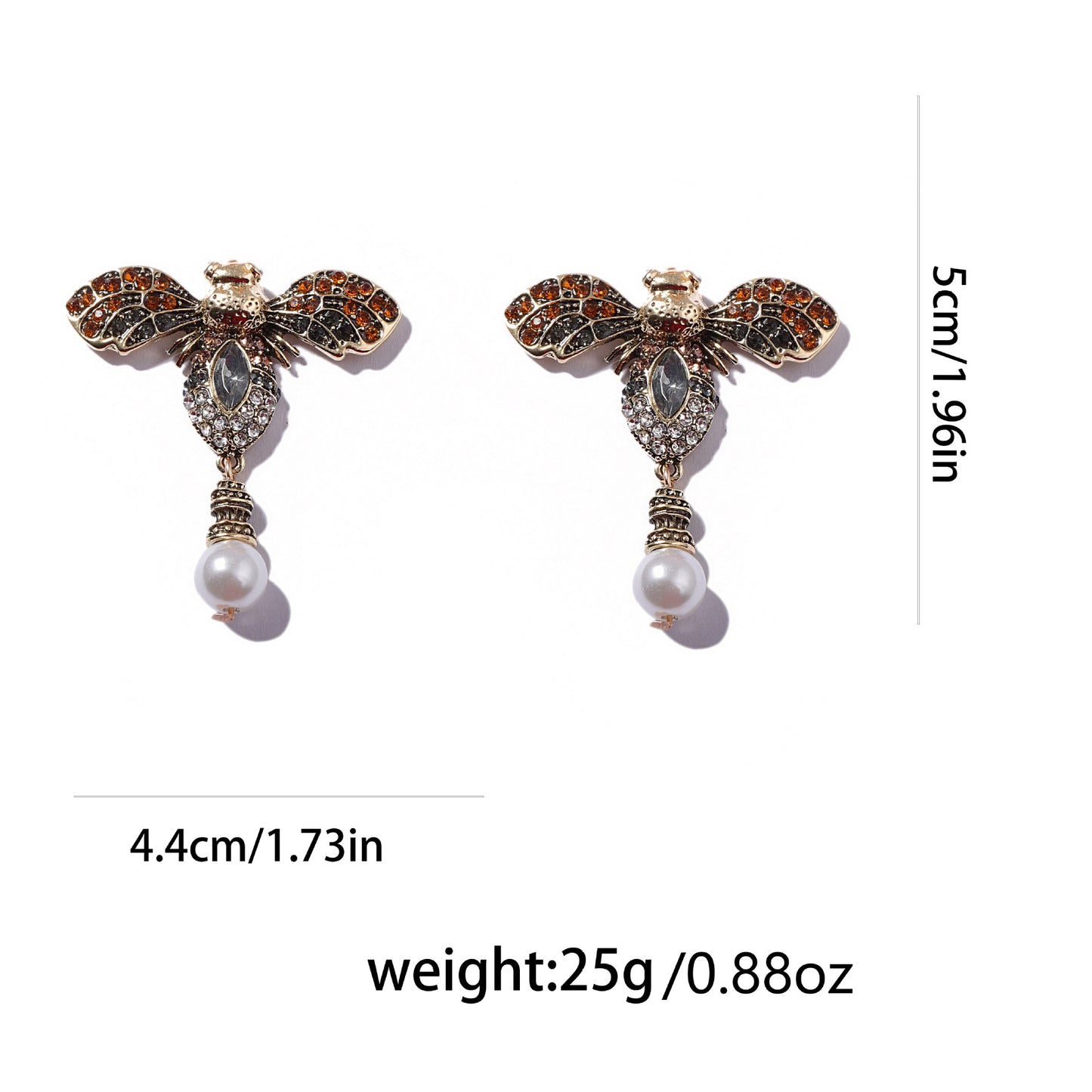 Vintage-Inspired Unique Alloy Bee Earrings with Full Rhinestones and Faux Pearls – Elegant High-End Design for Women