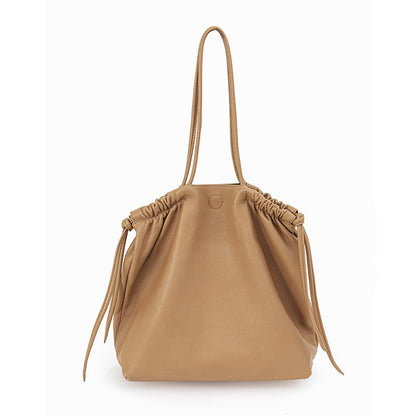 Japanese Inspired Casual One Shoulder Tote Bag Spacious Unique Design for Commuting Genuine Leather with Drawstring Closure